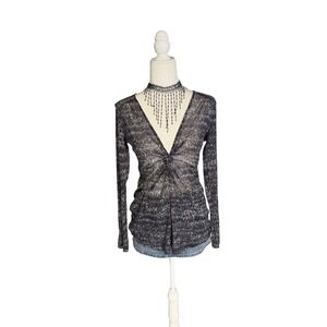 Y2K Sheer Mesh Twist Front Top – Stretch Abstract Print